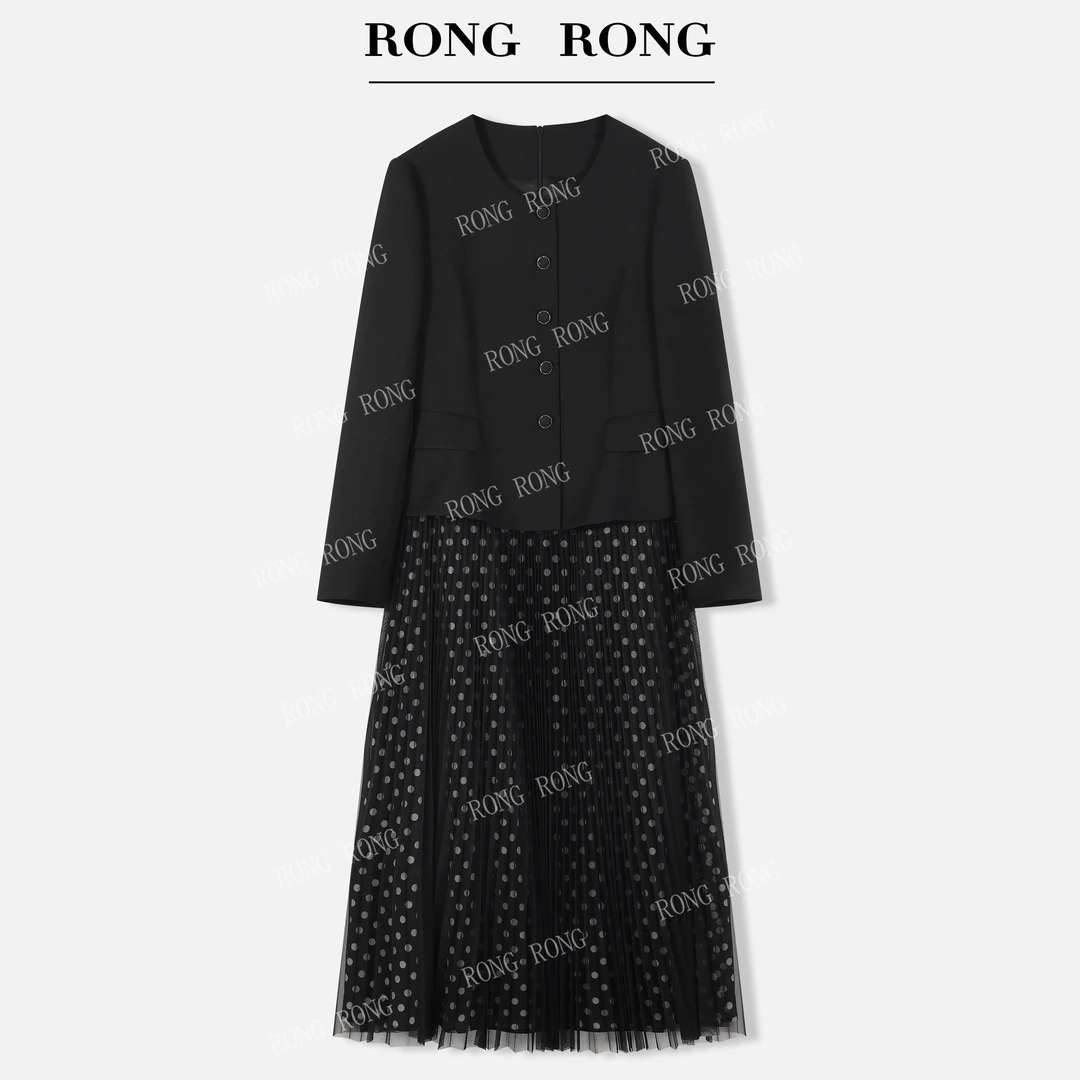 溶溶【雾光星点】RONGRONG圆领小香风网纱波点假两件连衣裙MZ-YL026