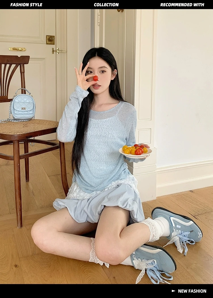 大码浅蓝休闲套装女2025夏轻薄上衣防晒罩衫背心半裙三件套9770