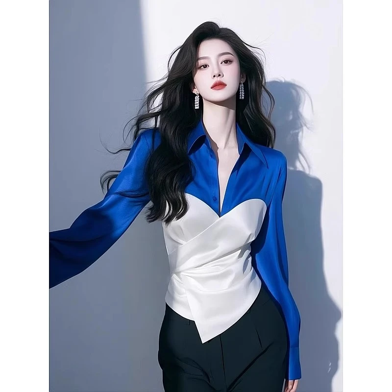 微胖妹妹大码撞色蓝白衬衫女春季气质高级独特漂亮收腰衬衣上衣潮