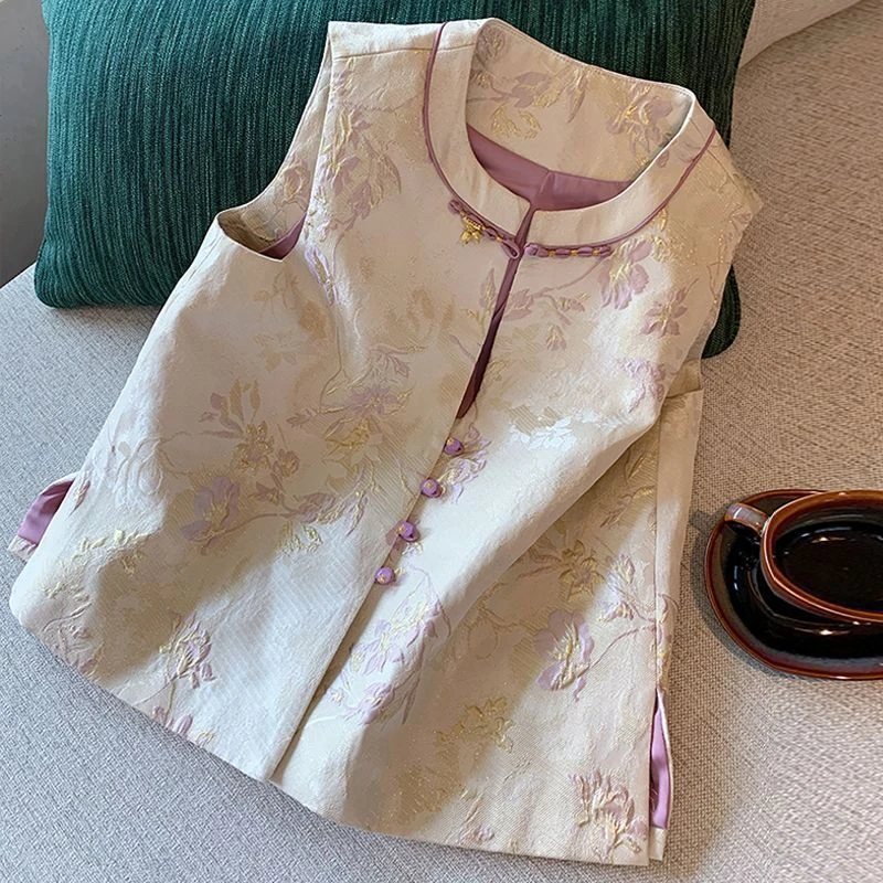 春秋款新中式国风马甲女装上衣提花无袖网红外套马夹盘扣开衫坎肩