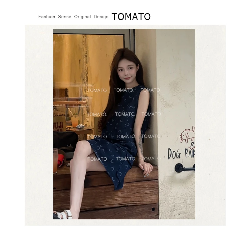 【TomaTo】澜月 夏季小众设计月牙牛仔背心高级短裙套装C25TZ06302