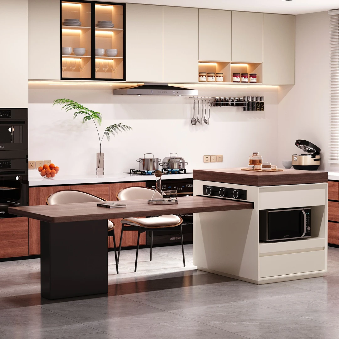 淘之梦胡桃色木纹岩板岛台餐桌家用一体意式风可伸缩可定制现货