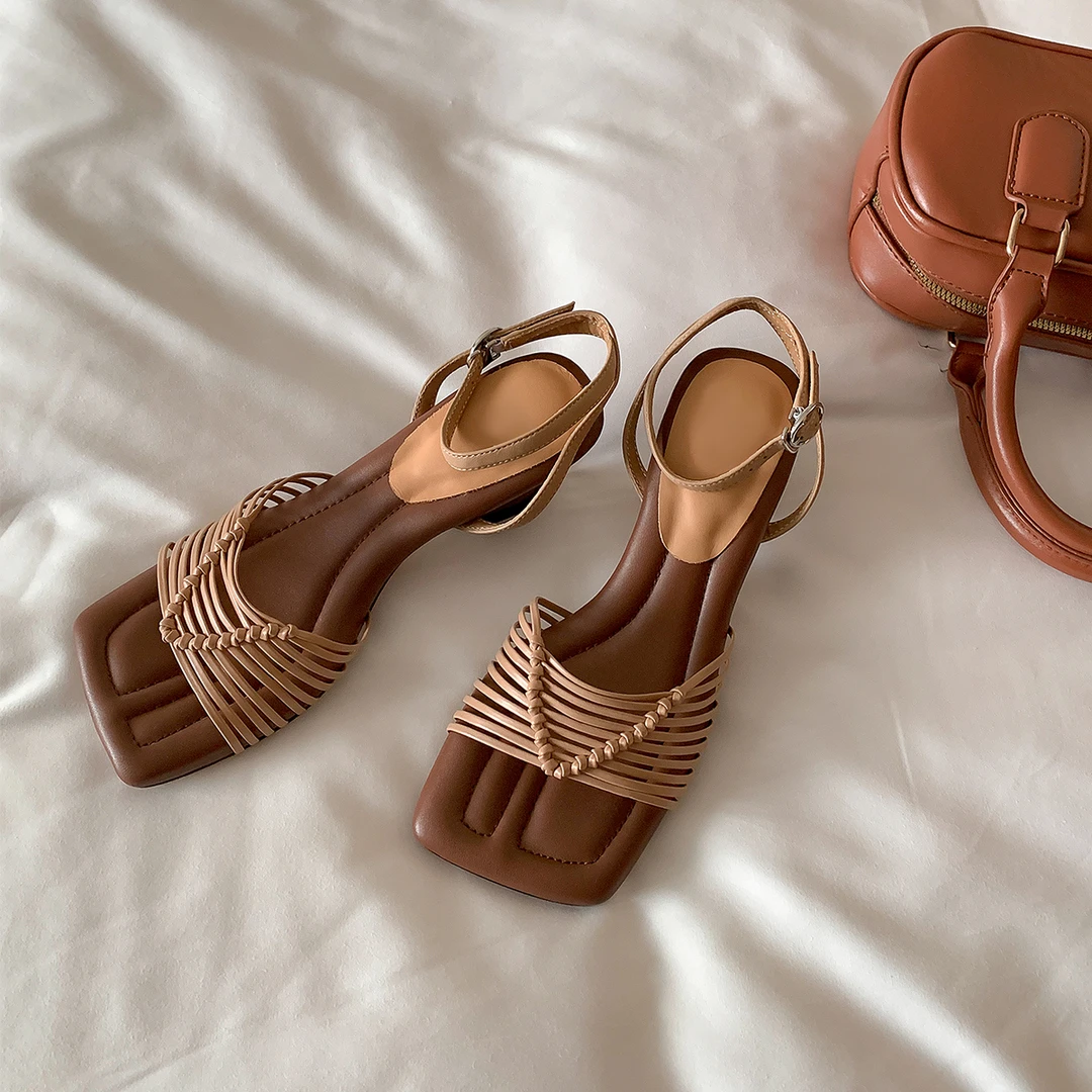 羊皮版~方头高跟凉鞋女镂空细带百搭编织夏季一字带真皮时尚凉拖