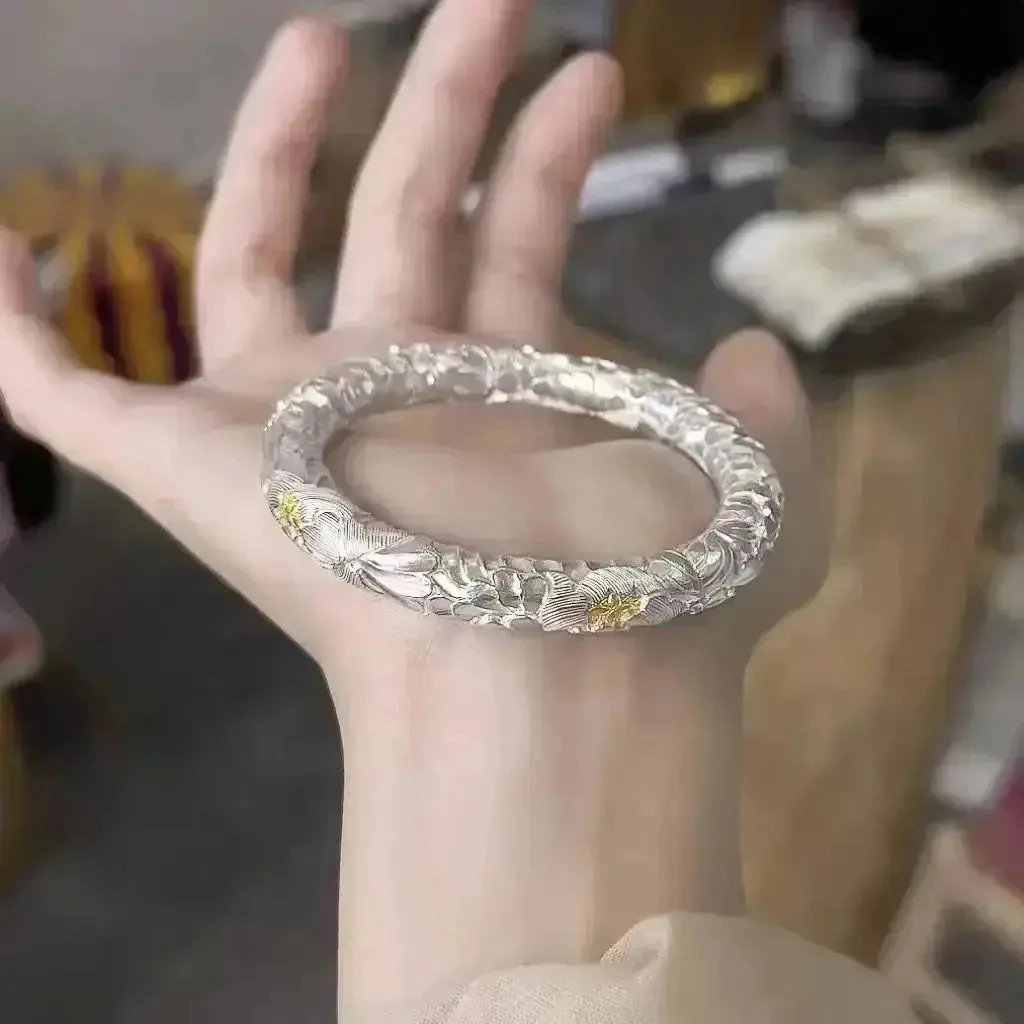 999.9银描金牡丹花篆刻拉丝大克重闭口手镯