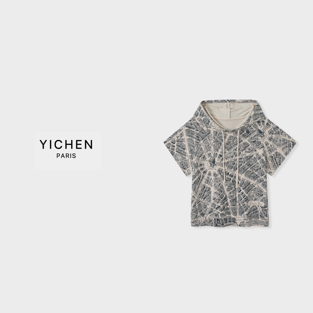 YC 洋气巴黎地图复古印花连帽抽绳T恤-3194