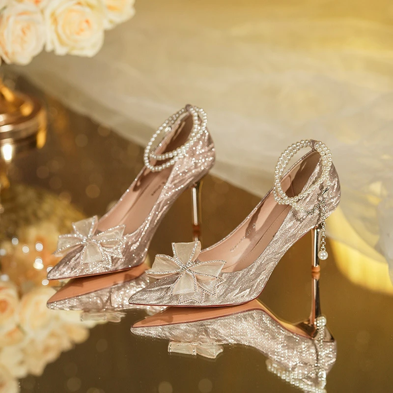 6681-58A法式一字带婚鞋礼服成人礼虎皮纹珍珠链条蝴蝶结女高跟鞋