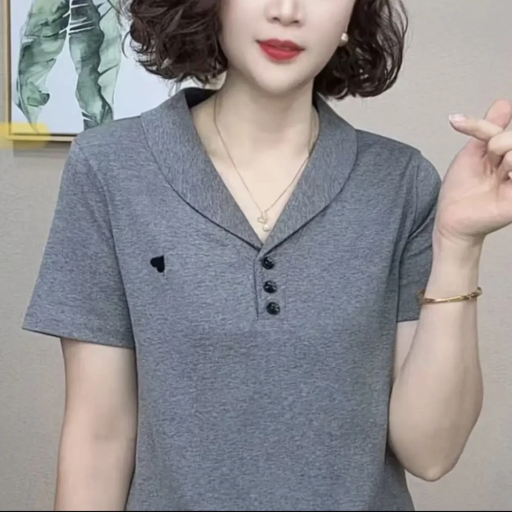 2025夏季洋气百搭减龄遮肉显瘦女短袖翻领新款T恤女上衣
