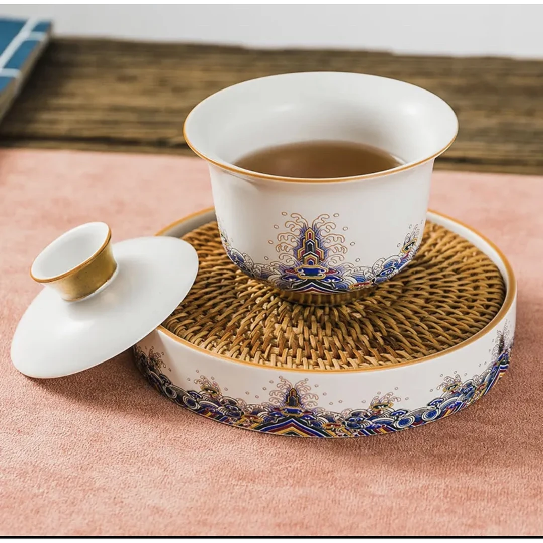 DY海水江崖纹陶瓷珐琅彩描金三才盖碗复古功夫茶具大号茶托泡茶碗