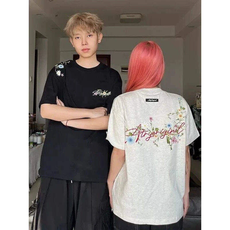 【印花款】中性风花卉纯棉短袖百搭设计感情侣装夏季新款宽松T恤