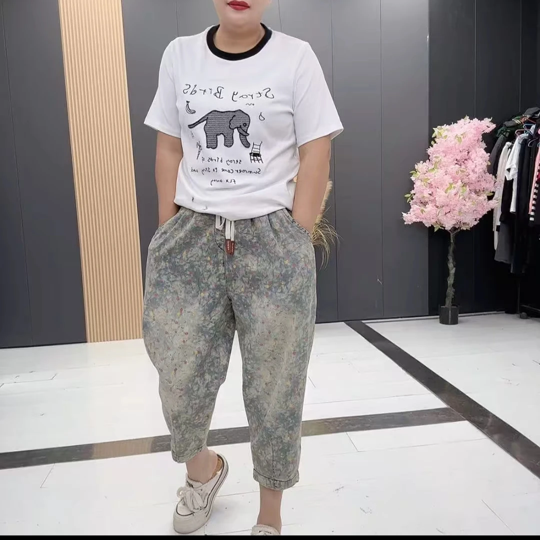 DA832印花微弹力夏款老爹裤八分牛仔裤宽松潮流