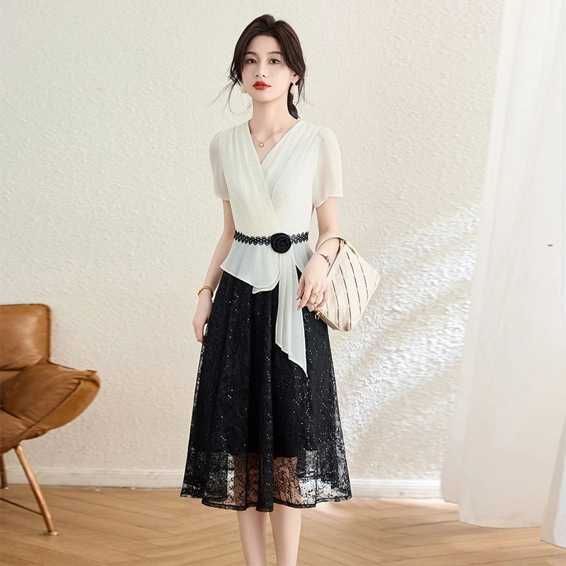 拉夏贝尔假两件套装连衣裙夏女2025新款爆款轻奢高级感十三行裙子