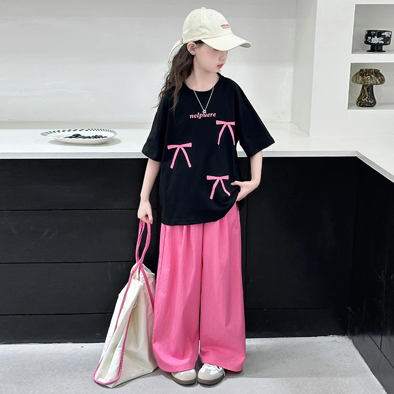 女童夏装时尚套装2025新款6-12岁15中大童洋气时髦韩版T恤阔腿裤