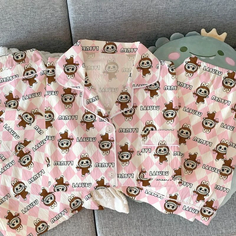 芯语婷粉菱格卡通夏季新款云朵泡泡纱睡衣三件套女甜美家居服套装