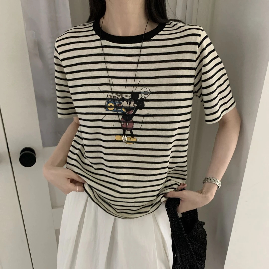 DY 2664 *条纹电台米奇* 百搭夏季宽松圆领短袖T恤