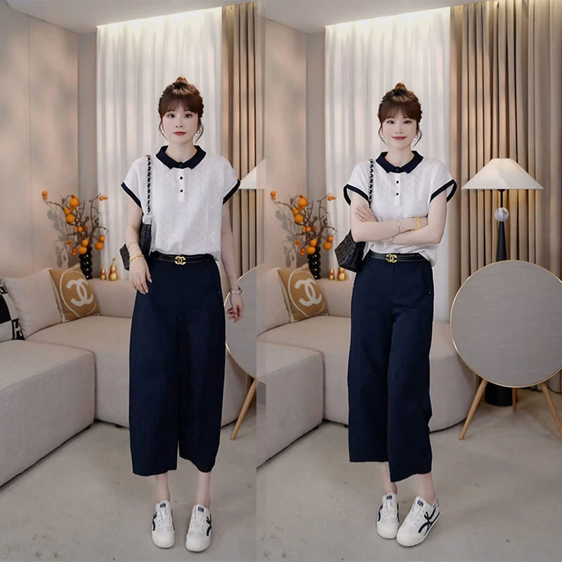 夏装时尚百搭一整套2025超火巨好看polo领短袖九分裤显瘦两件套