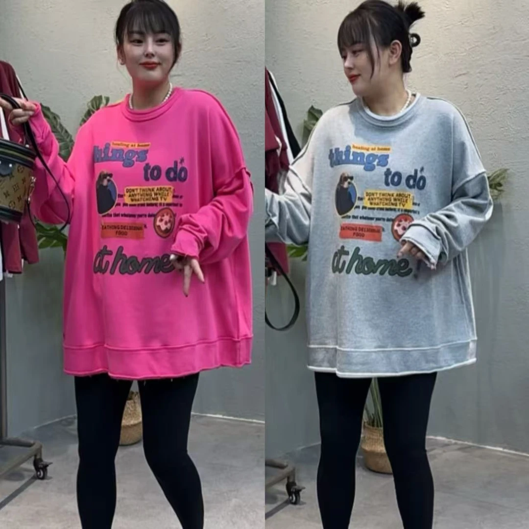 YM1908早秋新款韩版宽松休闲反车边工艺印花百搭套头卫衣女