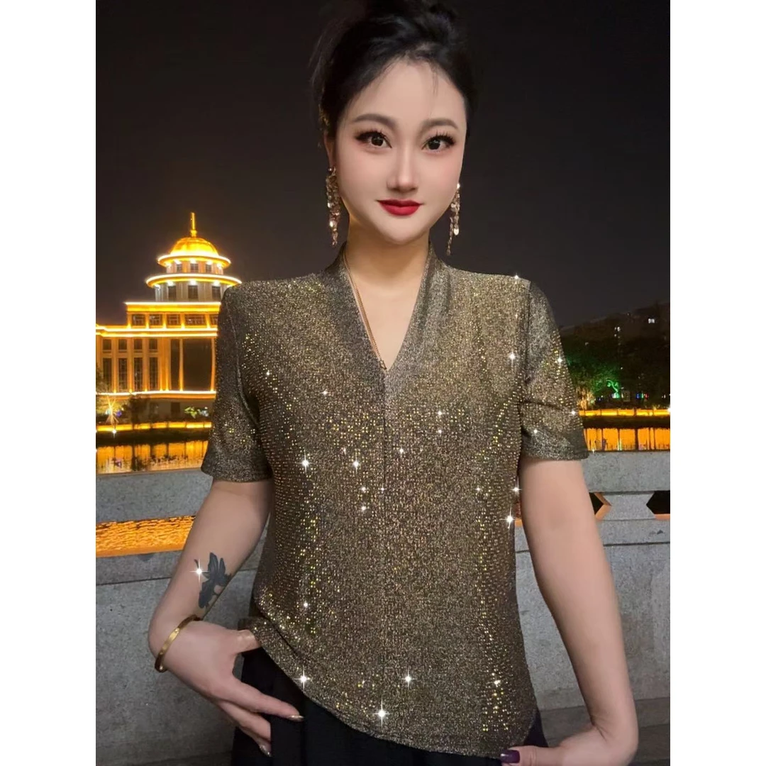 【网红爆款18#新花】短袖T恤烫钻欧货显瘦百搭上衣休闲打底衫