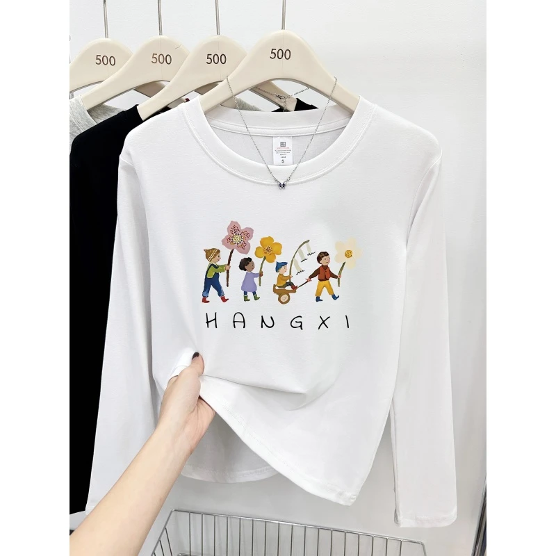 白色圆领长袖t恤女秋冬季新款胖mm大码时尚正肩内搭打底衫上衣服