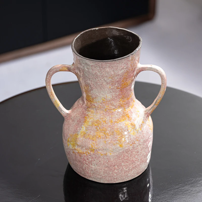 【一品花集】景德镇高端陶瓷花瓶 粉黛鎏金双耳高颜值高级感花器皿