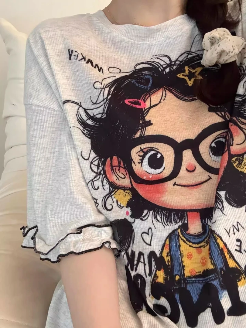 【INS趣味少女】韩版卡通印花短袖睡衣女夏季新款舒适家居服俩件套