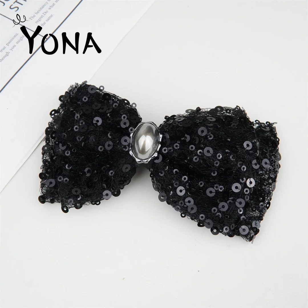 【TH029】亮片黑色蝴蝶结半珠发夹经典百搭后脑勺盘发高级气质头饰