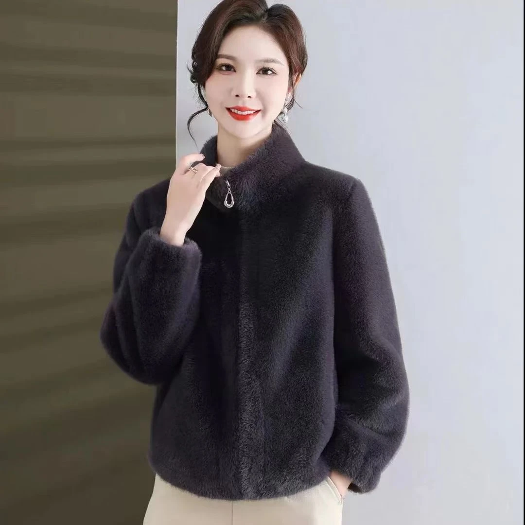 海宁现货3】中老年妈妈装冬款加厚短外套上衣气质皮毛一体时尚立领