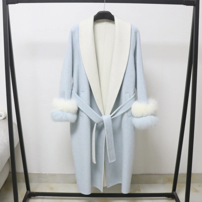 欧洲站慵懒风秋冬新款双面羊毛大衣女长款狐狸毛高级感毛呢外套