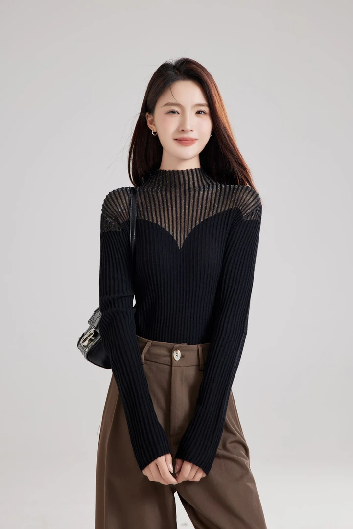 2025春季新款长袖洋气百搭时尚修身半高领套头针织衫24-1432