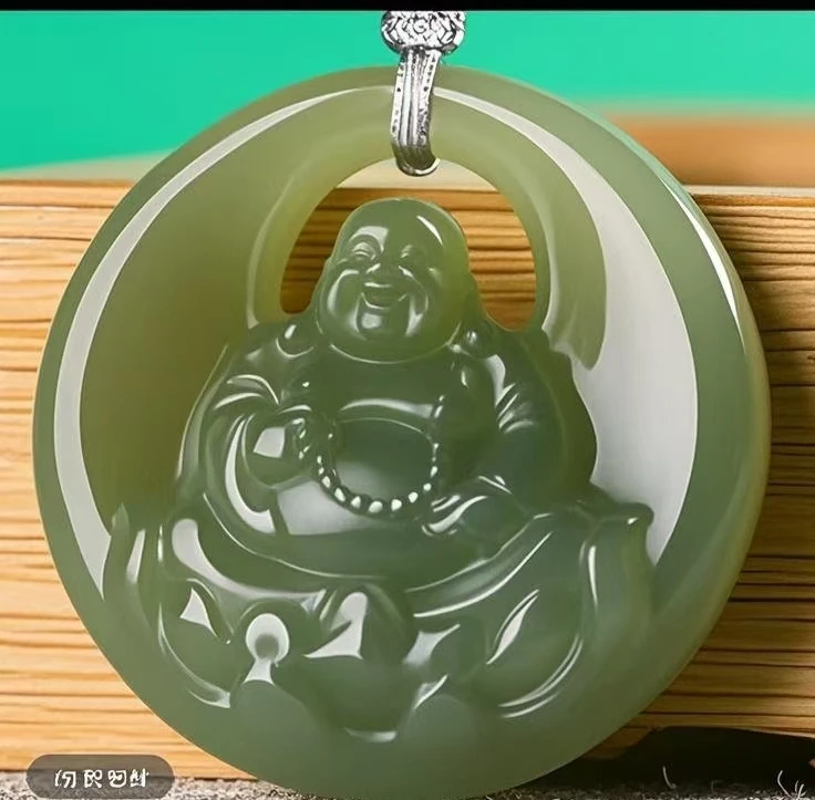 S028天然青黄玉平安圈镯心料弥勒佛配縄子帯礼盒收藏品