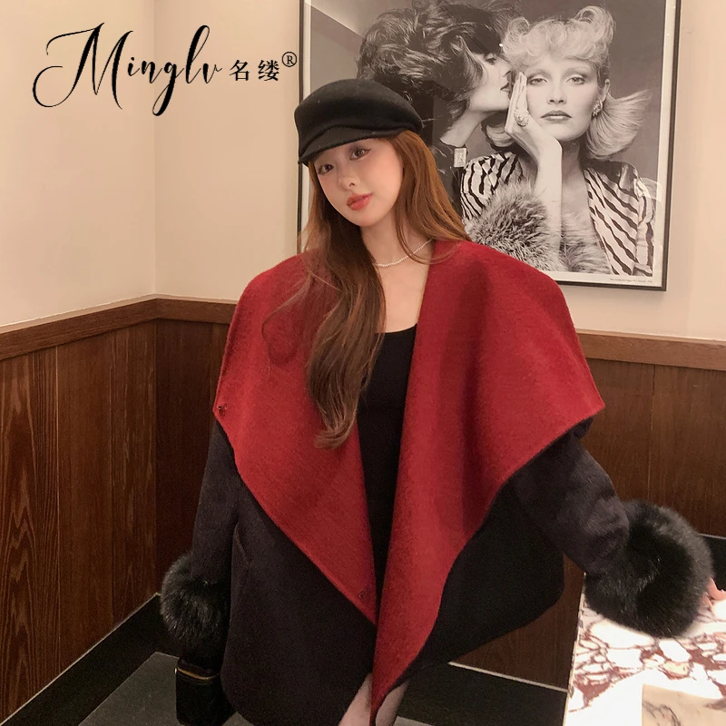名缕女装撞色大翻领双面高端外套女2025秋冬高奢风百搭毛呢外套