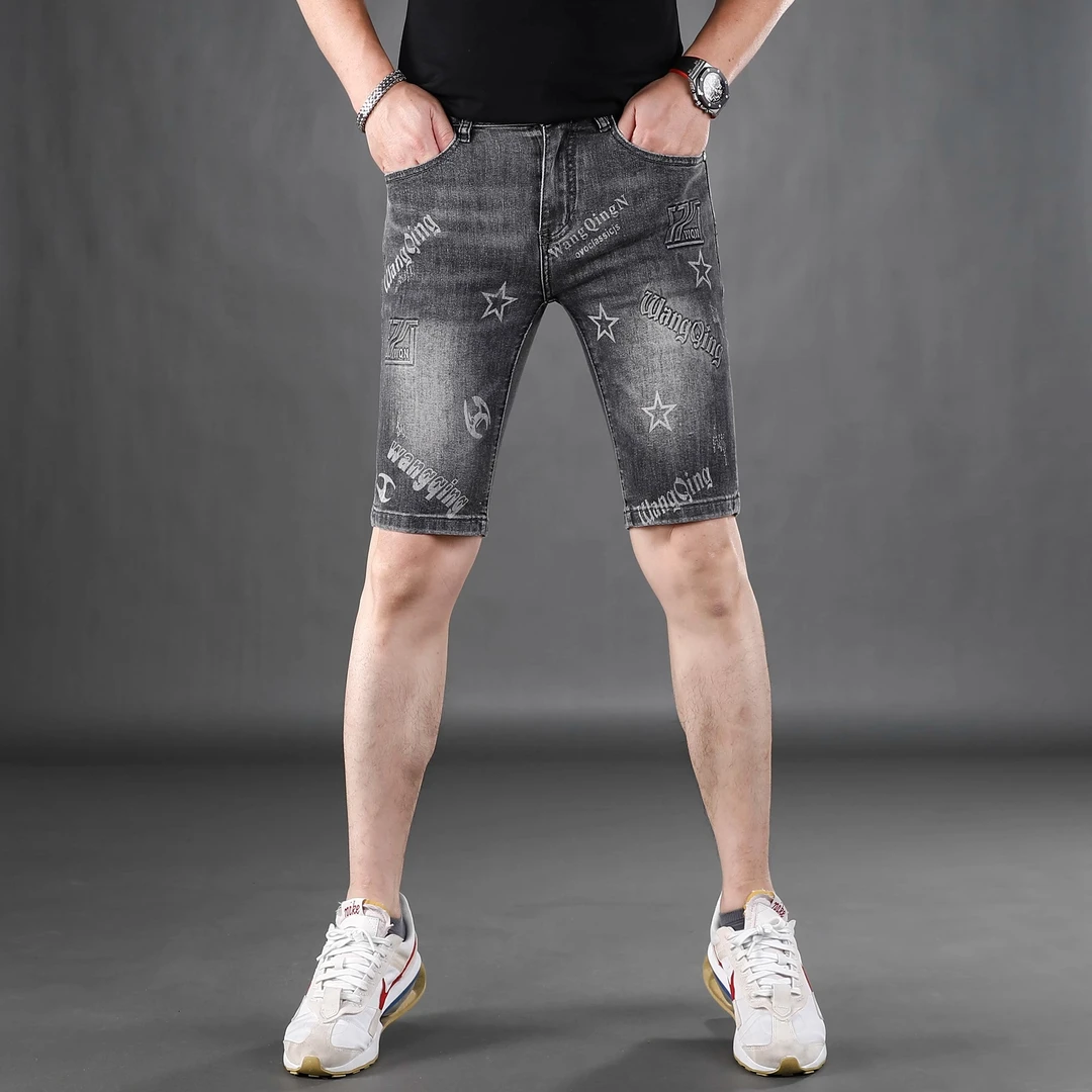 潮牌印花牛仔短裤男款爆款2025新款夏季薄款修身直筒弹力五分裤男