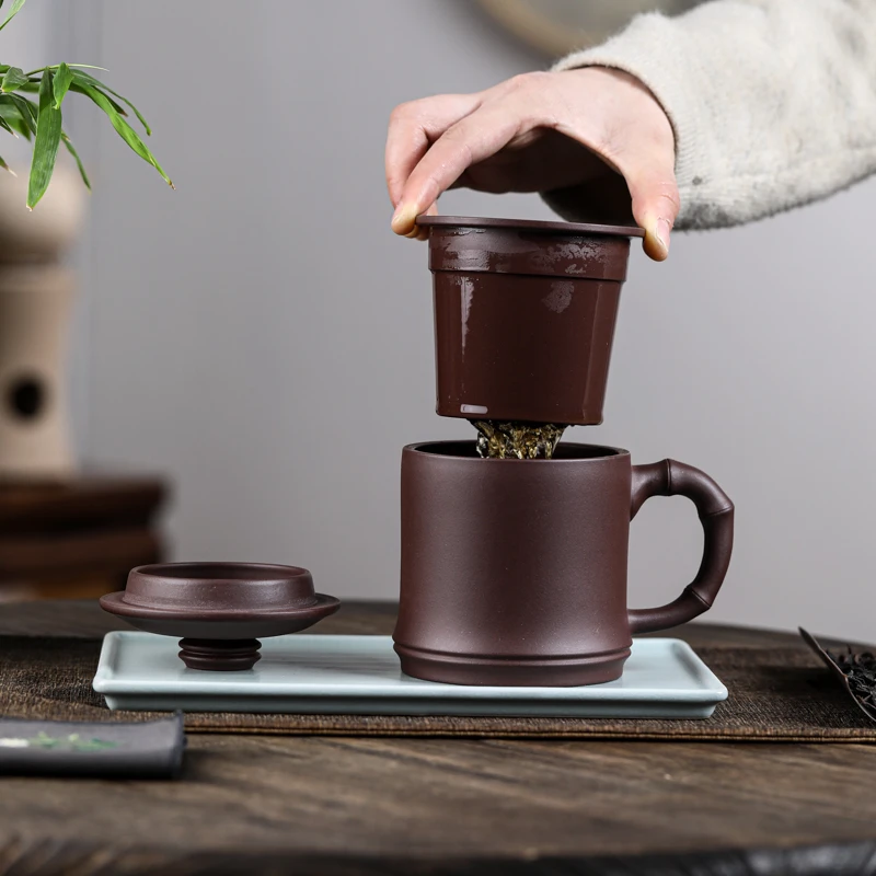 紫泥紫砂杯竹节内胆杯茶水分离家用泡茶杯办公室喝水茶杯手制