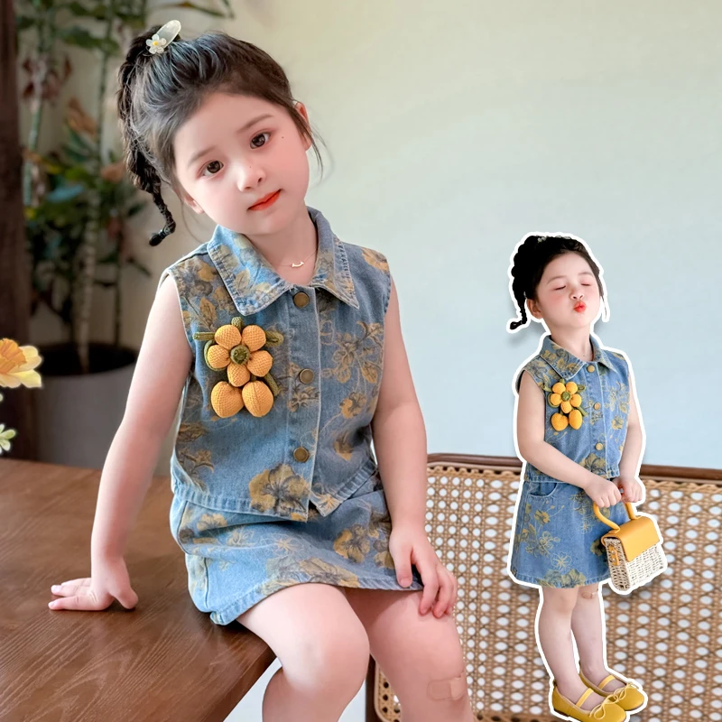 女童花朵薄牛仔套装洋气儿童夏季新款女宝宝短裙裤两件套小女孩潮