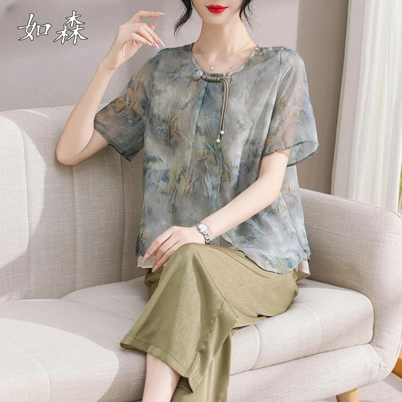新中式妈妈夏装套装2025新款雪纺小衫中老年女装夏季洋气短袖上衣