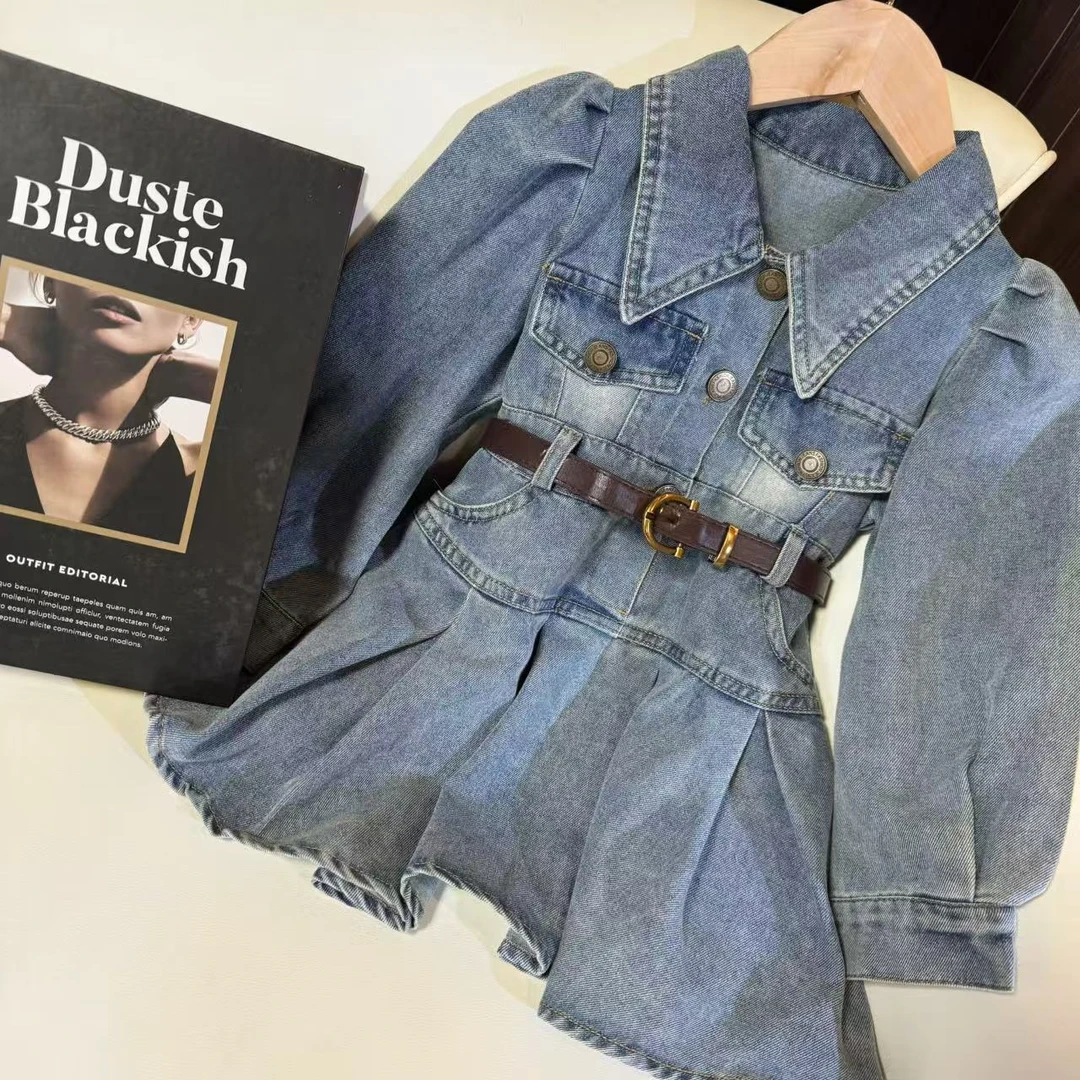 女童洋气牛仔连衣裙春秋季2025新款儿童宝宝时髦收腰长袖公主裙子