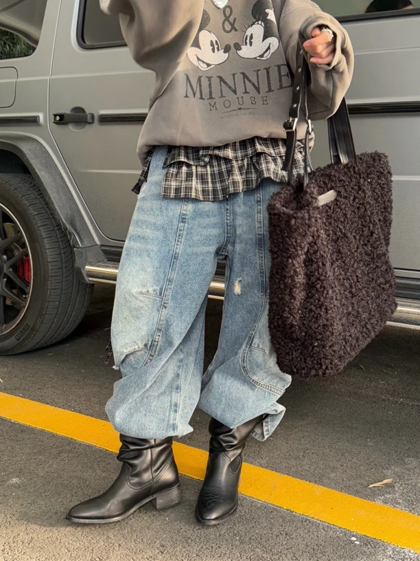 HELLOTANGO《冰岛日落》小众设计破洞做旧显瘦弯刀牛仔裤F171#