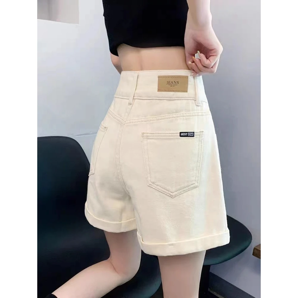 2025年夏季新款米白色阔腿牛仔短裤女高腰百搭a字宽松显瘦短裤子