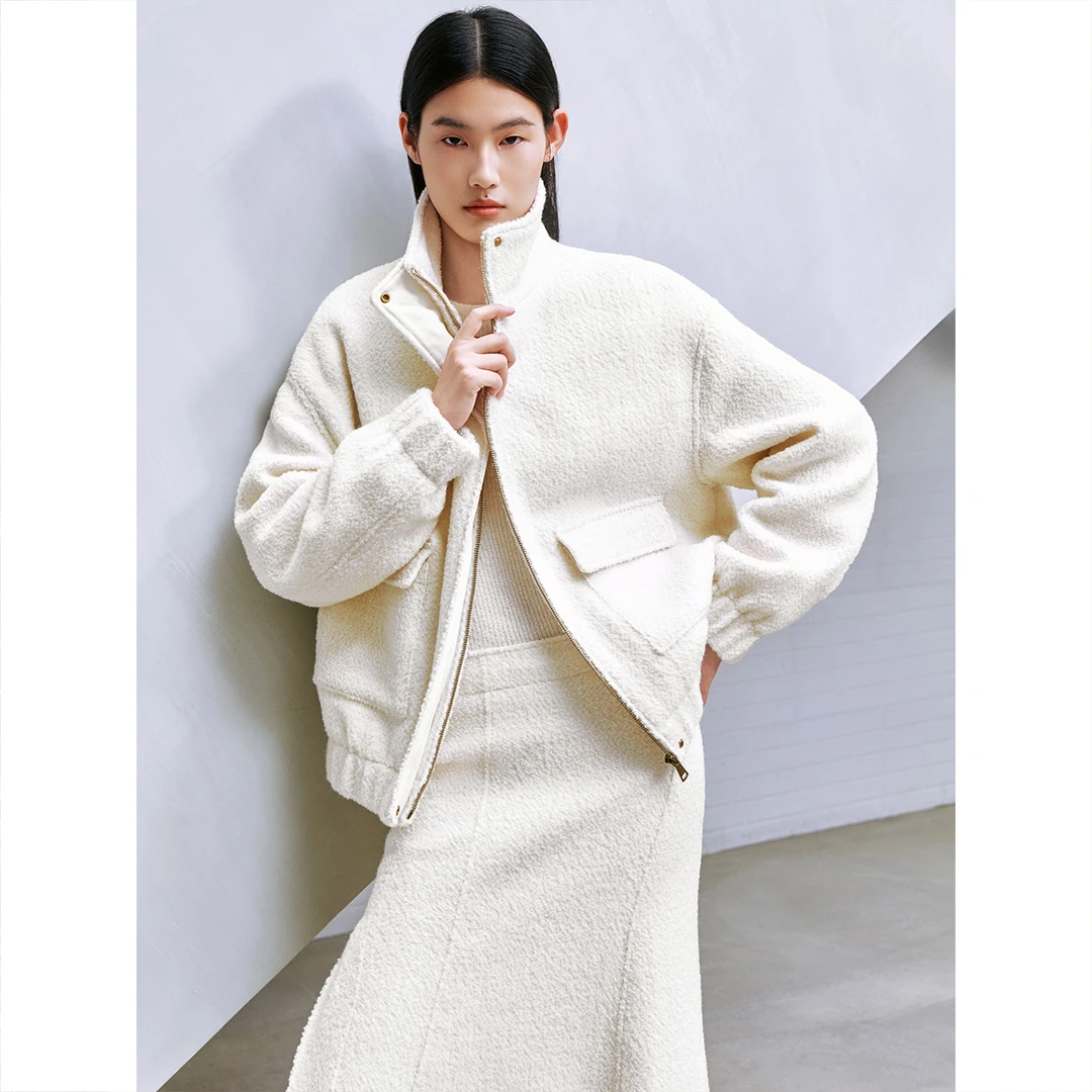 COVERINS2025冬新款羊毛圈圈纱立领鹅绒羽绒服CC35508190