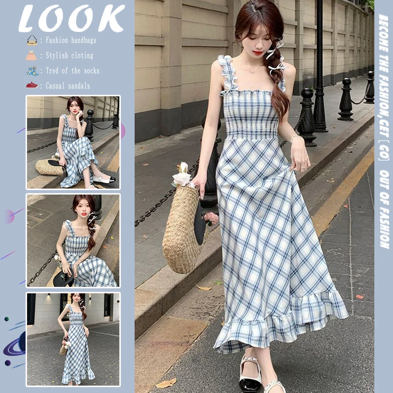 法式纯欲风无袖格纹吊带连衣裙女小众高腰显瘦小清新长裙子潮ins