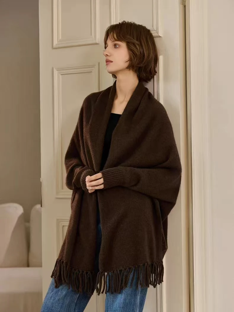 100%纯羊毛百搭保暖披肩羊绒流苏披肩高端轻奢时尚网红针织披风女