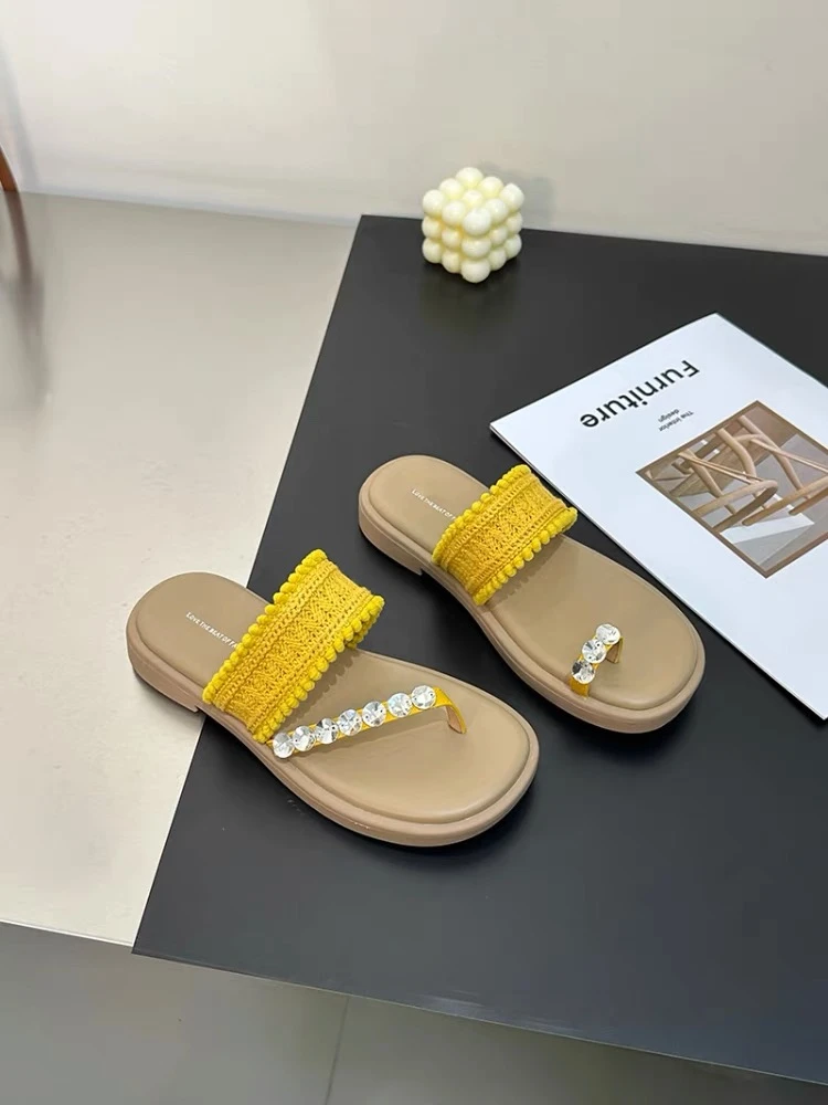 高级感针织水钻平底夹拖女夏季超软仙女风度假沙滩鸳鸯凉拖鞋6915