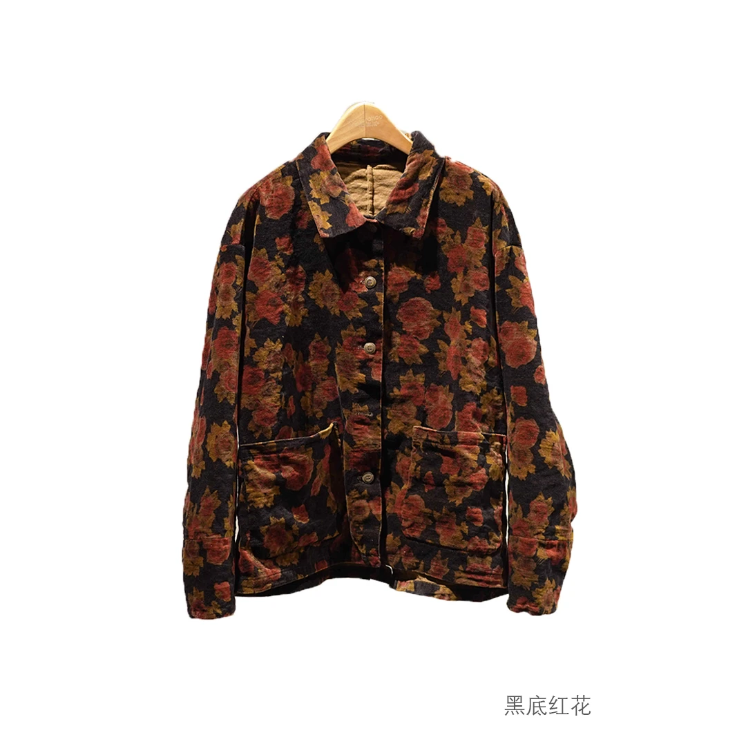 布衣分享 2411219 原创设计春秋复古印花金属丝工装款小翻领外套