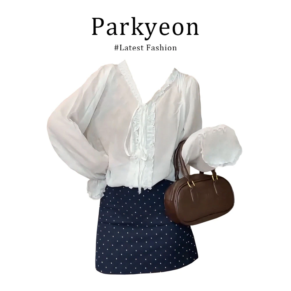 parkyeon韩系慵懒减龄套装女新款木耳边v领衬衫包臀短裙子两件套