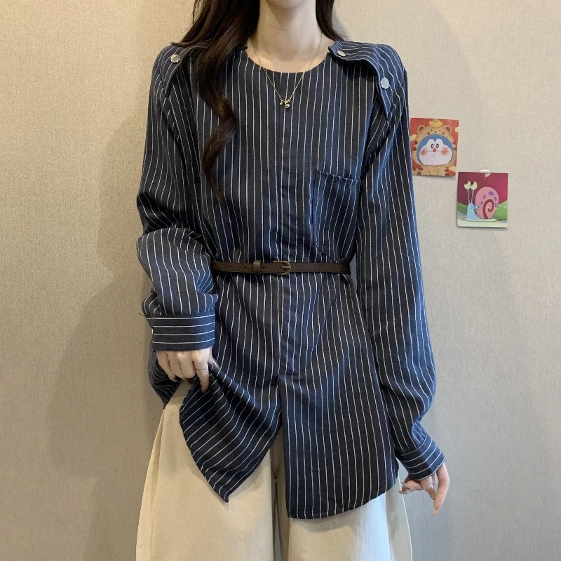 大码遮肚子韩系条纹正肩长袖衬衫女秋季2025新款胖MM收腰显瘦上衣