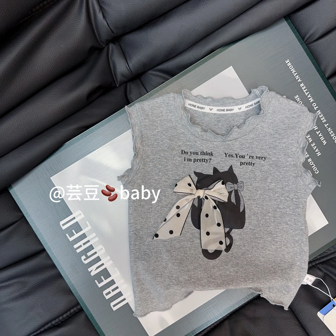 2025夏季新款女童洋气木耳边蝴蝶结背心百搭上衣