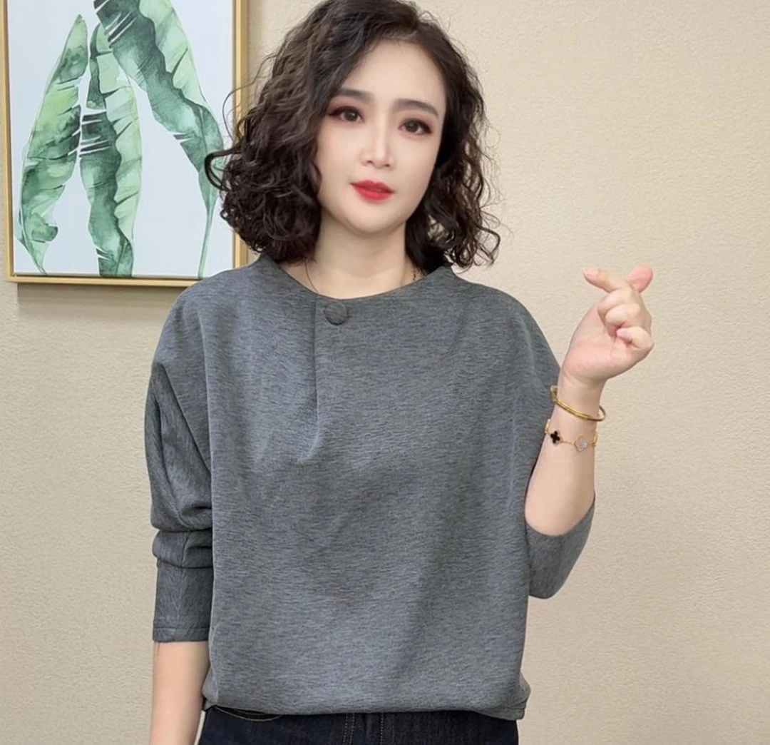 2025秋季新款设计感圆领拼接女长袖打底纯色长袖卫衣T恤#849745