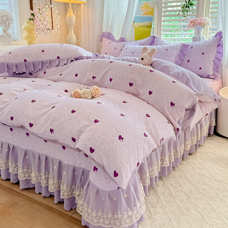 亲肤云朵棉夹棉床盖款四件套韩版公主三件套纯色全纯居家床上用品