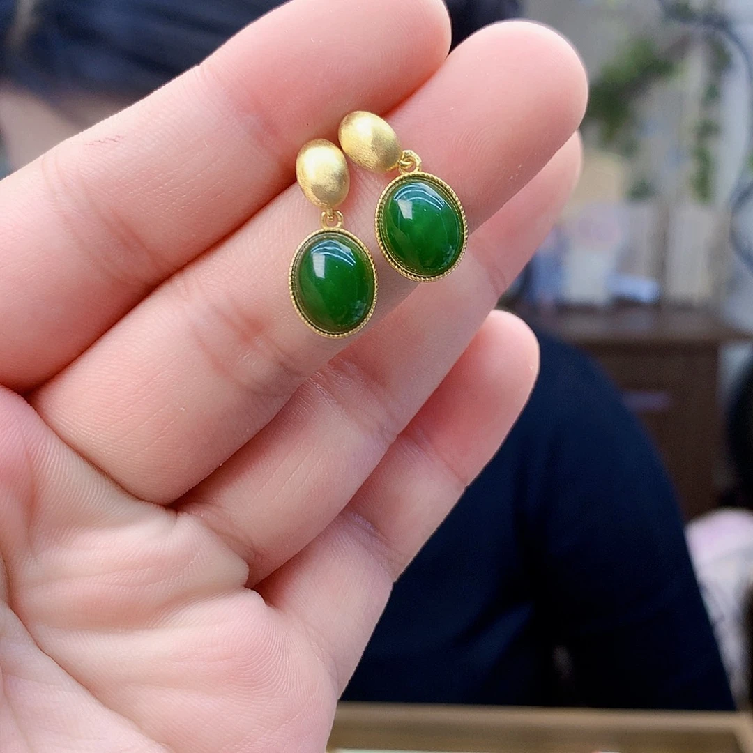 和田玉（碧玉）银S925镶嵌吊坠(不含链)耳钉