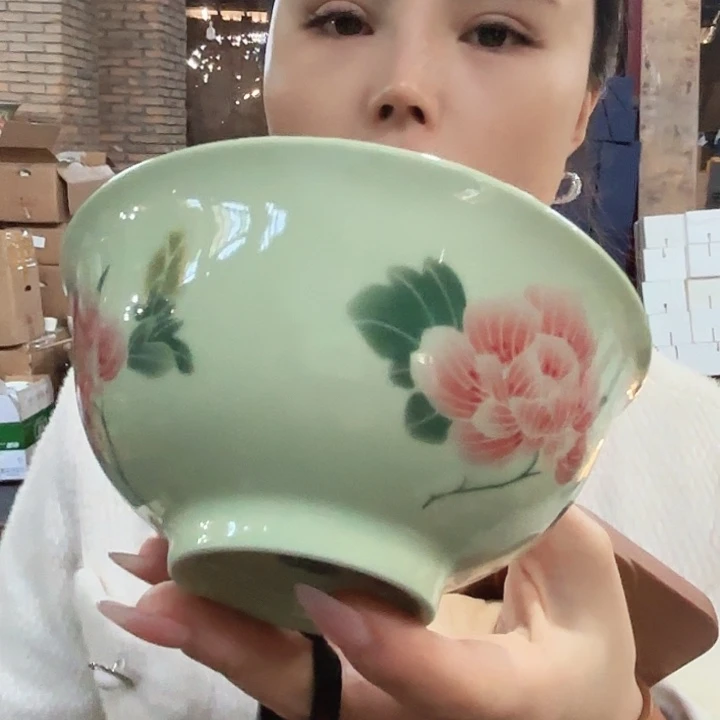 摆件陶景德镇高温陶瓷绿希芙蓉花碗10