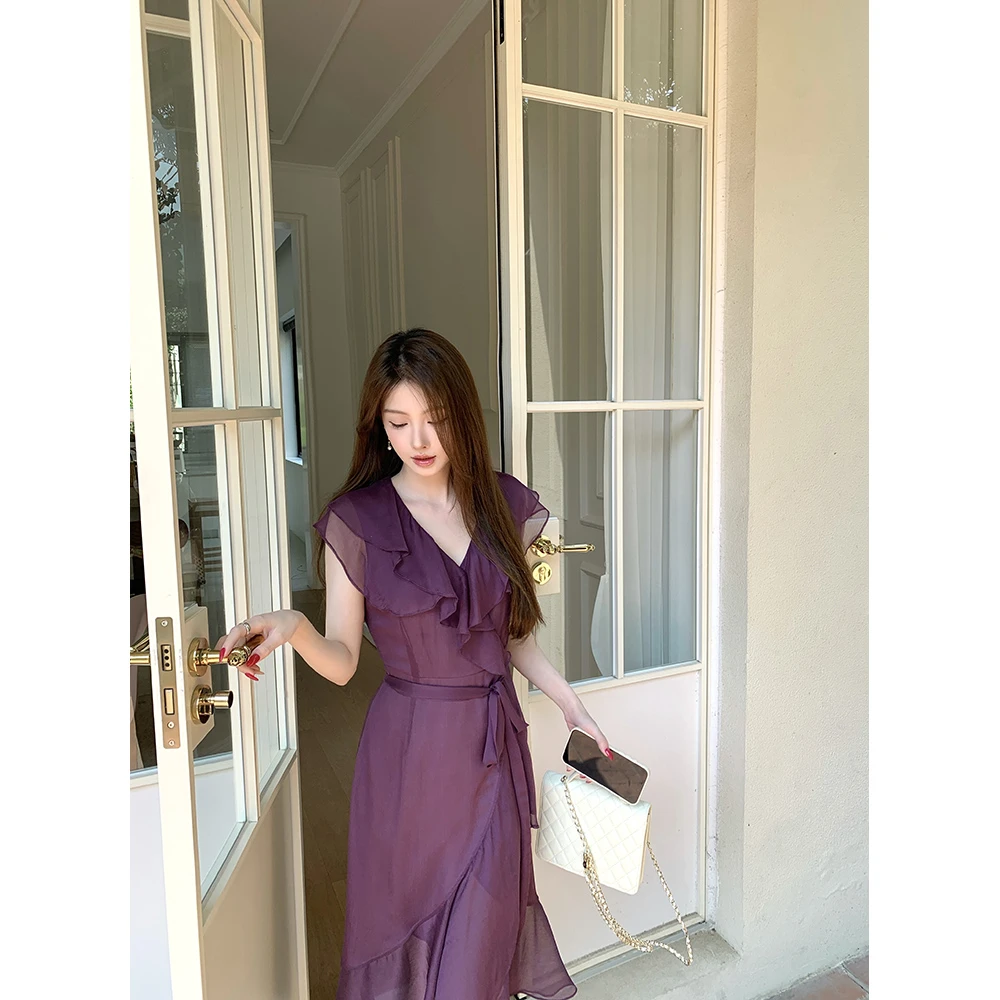 Breezy Z【一眼万年】法式浪漫感V领气质收腰雪纺连衣裙女BZ4CSL18